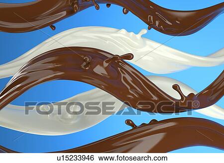 Stock Photograph - Liquid chocolate and milk waves strips with little splashes. On blue background.. Fotosearch