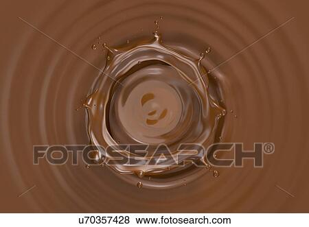 Stock Photo - Liquid chocolate crown splash. In a liquid chocolate pool. With circular ripples. Viewed from the top.. Fotosearch