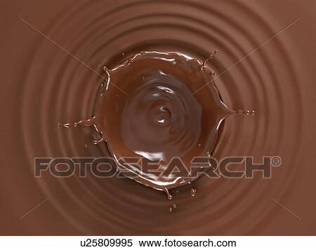 Stock Photography - Liquid chocolate crown splash. In a liquid chocolate pool. With circular ripples. Viewed from the top.. Fotosearch