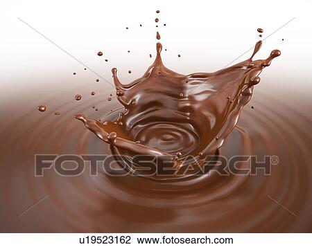 Stock Image - Liquid chocolate crown splash with ripples. Bird eye view. On white background.. Fotosearch