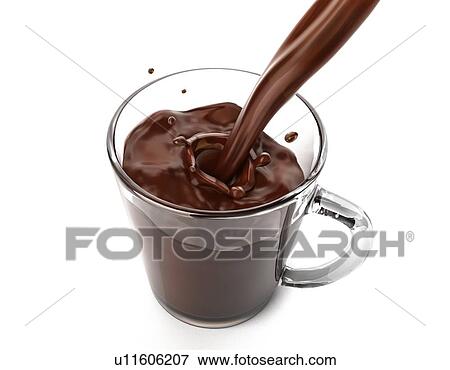 Stock Photo - Liquid chocolate pouring in a glass mug with little splash. Isolated on white background.. Fotosearch