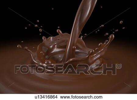 Picture - Liquid chocolate pouring with crown splash and ripples. Bird eye view. On black background.. Fotosearch