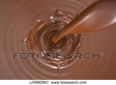 Stock Photo - Liquid chocolate pouring with crown splash with ripples. Viewed from top.. Fotosearch