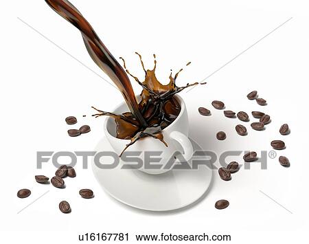 Stock Image - Liquid coffee pour and splash in a white cup on saucer and spoon, With some coffee beans around on the floor. Viewed from above.. Fotosearch