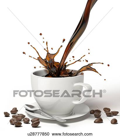 Liquid coffee pour and splash in a white cup on saucer and spoon, With some coffee beans around on the floor. View Large Photo Image Stock Image - Liquid coffee pour and splash in a white cup on saucer and spoon, With some coffee beans around on the floor.. Fotosearch