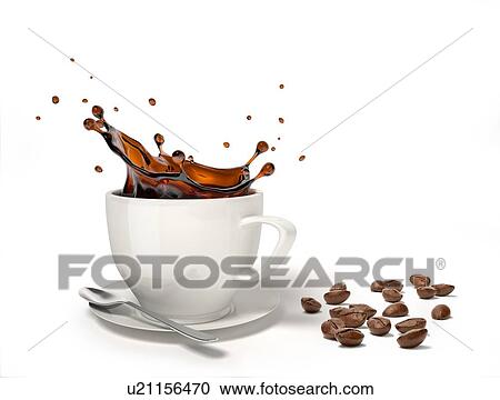 Liquid coffee splash in a white cup on saucer and spoon, With some coffee beans besides on the floor. View Large Photo Image Stock Image - Liquid coffee splash in a white cup on saucer and spoon, With some coffee beans besides on the floor.. Fotosearch