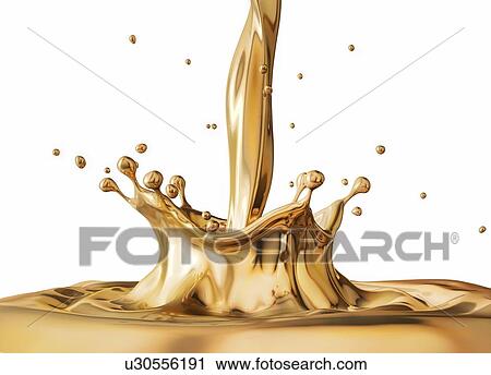 Stock Image - Liquid gold pouring with Crown splash and ripples. Side view. On white background.. Fotosearch