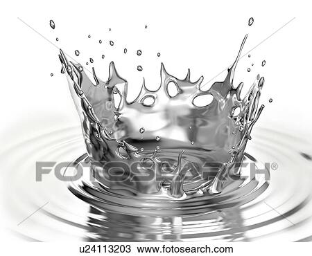 Stock Image - Liquid metal crown splash in liquid metal pool with ripples. Isolated on white background.. Fotosearch