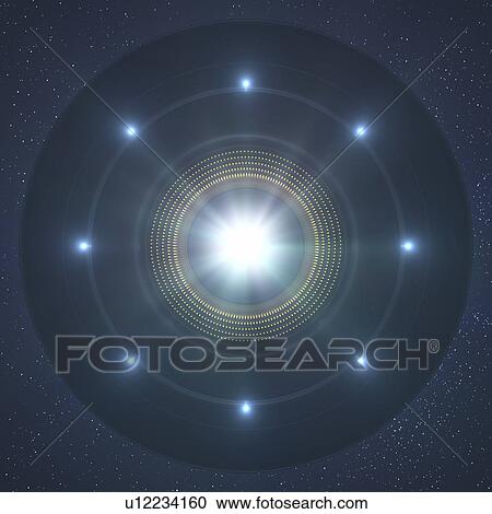 Stock Image - Low angle view UFO in the night sky, illustration.. Fotosearch