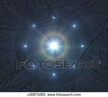 Stock Image - Low angle view UFO in the night sky, illustration.. Fotosearch