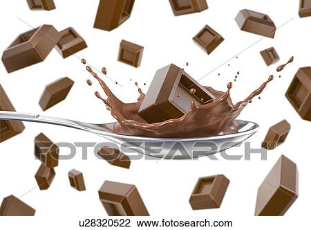Many chocolate cubes falling down. One splashing in a spoon with liquid chocolate. On white background. View Large Photo Image Stock Image - Many chocolate cubes falling down. One splashing in a spoon with liquid chocolate. On white background.. Fotosearch