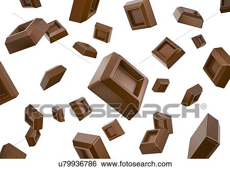 Stock Photograph - Many chocolate cubes falling down flying in white space. Isolated.. Fotosearch