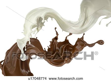 Milk and chocolate, or paint splashes flying in the air. On white background. View Large Photo Image Picture - Milk and chocolate, or paint splashes flying in the air. On white background.. Fotosearch