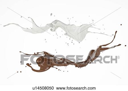 Stock Image - Milk and chocolate, or paint splashes flying in the air. On white background.. Fotosearch