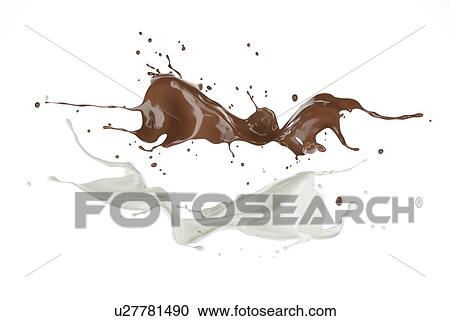 Stock Image - Milk and chocolate, or paint splashes flying in the air. On white background.. Fotosearch