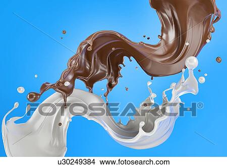 Picture - Milk and chocolate, or paint splashing against each other in the air. On blue background.. Fotosearch