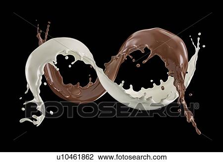 Stock Image - Milk and chocolate, or paint splashing around each other in the air, with the shape of infinite symbol. On black background.. Fotosearch