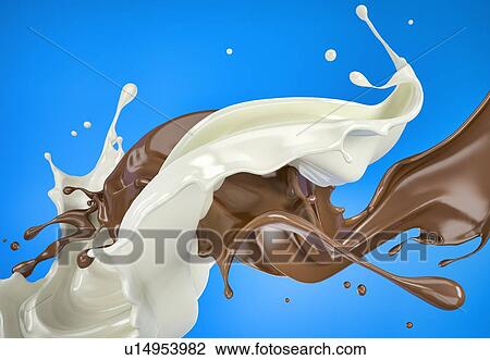 Stock Image - Milk and chocolate, or paint splashing against each other in the air. On blue background.. Fotosearch