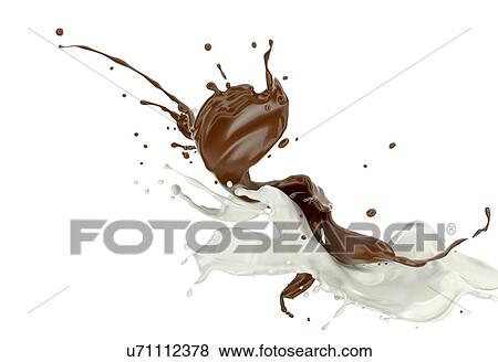 Stock Photo - Milk and chocolate, or paint splashing against each other in the air. On white background.. Fotosearch