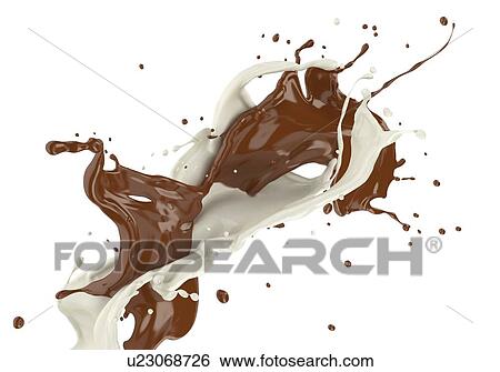 Stock Photograph - Milk and chocolate, or paint, splashing in the air against each other and blending. On white background.. Fotosearch