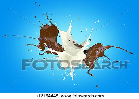Stock Photography - Milk and chocolate, or paint splashing against each other in the air. On blue background.. Fotosearch