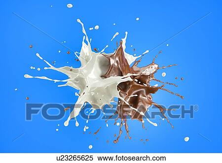 Stock Photography - Milk and chocolate, or paint splashing against each other in the air. On blue background.. Fotosearch