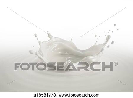 Stock Image - Milk crown splash, splashing in milk pool with ripples. Bird eye view. On white background.. Fotosearch