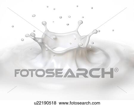 Stock Photo - Milk crown splash, splashing in milk pool with ripples. Bird eye view. On white background.. Fotosearch