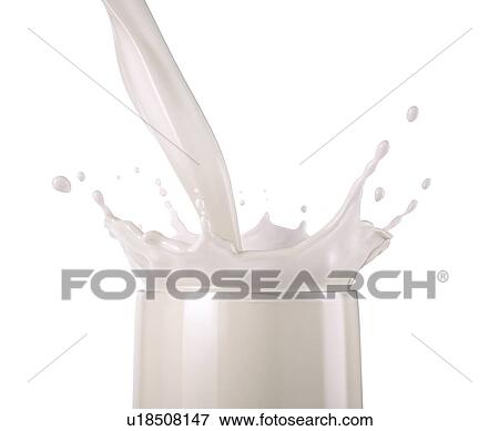 Stock Photo - Milk pouring into a glass with splash. Close up side view. Isolated on white background.. Fotosearch