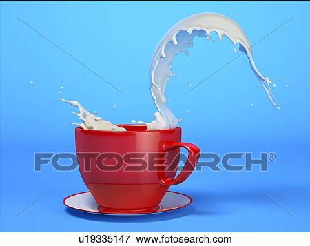 Stock Photo - Milk splash in red mug on blue background.. Fotosearch