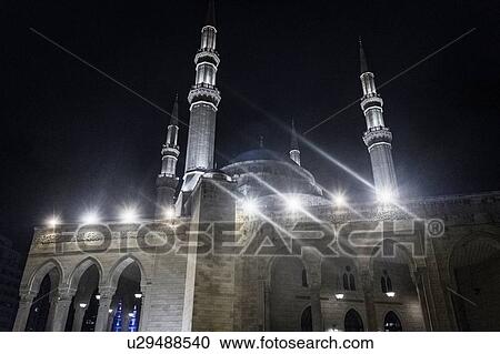 Mohammad Al-Amin Mosque, Martyrs Square at night, Beirut, Lebanon View Large Photo Image Stock Image - Mohammad Al-Amin Mosque, Martyrs Square at night, Beirut, Lebanon. Fotosearch