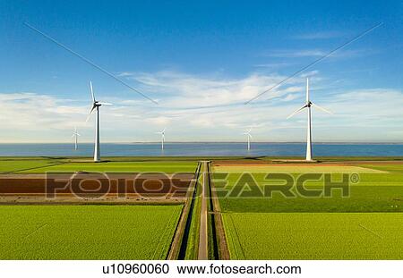 Onshore and offshore wind turbines on reclaimed land, Noordoostpolder, Flevoland, Netherlands View Large Photo Image Stock Image - Onshore and offshore wind turbines on reclaimed land, Noordoostpolder, Flevoland, Netherlands. Fotosearch