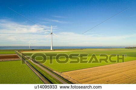 Stock Image - Onshore and offshore wind turbines on reclaimed land, Noordoostpolder, Flevoland, Netherlands. Fotosearch