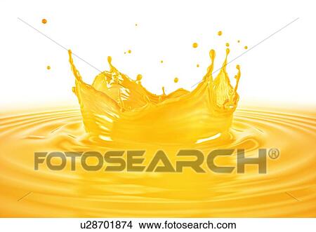 Picture - Orange juice crown splash with ripples. Side view. On white background.. Fotosearch