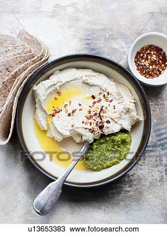 Pita bread with hummus and basil pesto dip, chilli flakes View Large Photo Image Stock Image - Pita bread with hummus and basil pesto dip, chilli flakes. Fotosearch