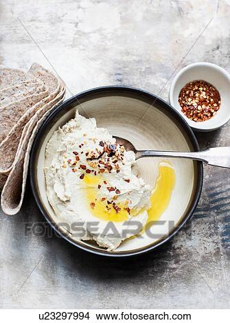 Pita bread with hummus dip, chilli flakes View Large Photo Image Picture - Pita bread with hummus dip, chilli flakes. Fotosearch