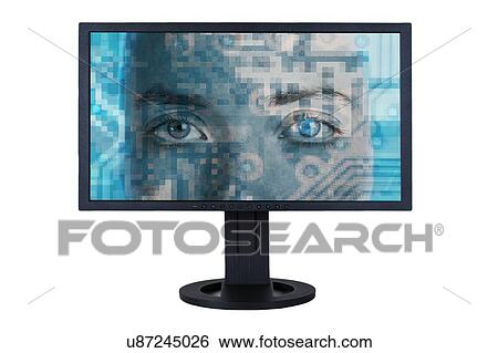 Stock Photograph - Pixelated eyes and computer screen depicting internet surveillance or cyber security. Conceptual image.. Fotosearch