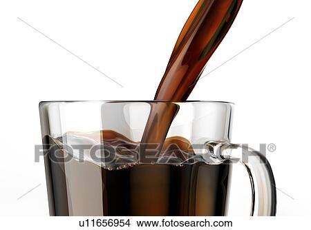 Picture - Pouring coffee into a transparent glass mug. Close up view. Isolated on white background.. Fotosearch