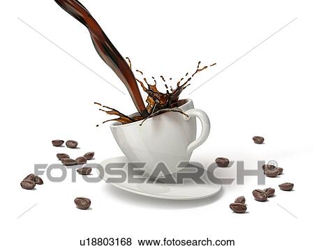 Pouring coffee with splash in white cup jumping on saucer with some coffee beans besides on the floor. Isolated on white background. View Large Photo Image Stock Photo - Pouring coffee with splash in white cup jumping on saucer with some coffee beans besides on the floor. Isolated on white background.. Fotosearch