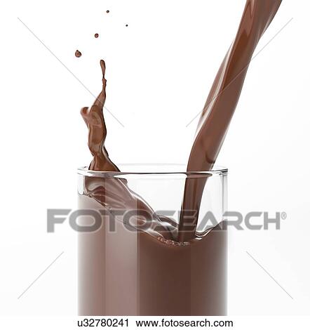Stock Image - Pouring liquid chocolate in a glass with splash. Close up side view. On white background.. Fotosearch