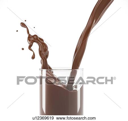 Stock Photo - Pouring liquid chocolate in a glass with splash. Close up side view. On white background.. Fotosearch