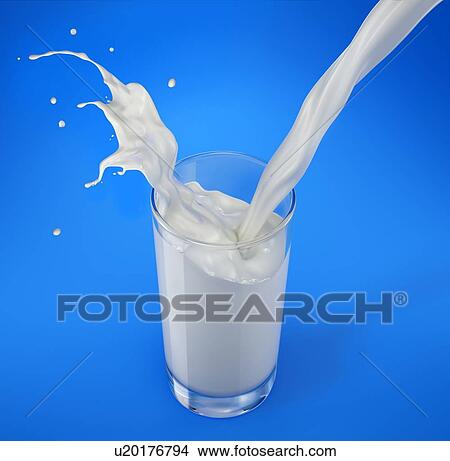 Picture - Pouring milk in glass with splash. Viewed from above. Isolated on blue background.. Fotosearch