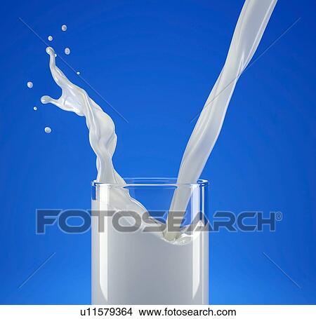 Picture - Pouring milk in glass with splash. side view close up. Isolated on blue background.. Fotosearch