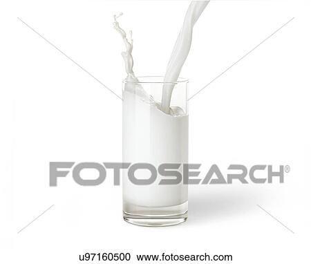Stock Image - Pouring milk into a glass isolated on white background. With drop shadow.. Fotosearch