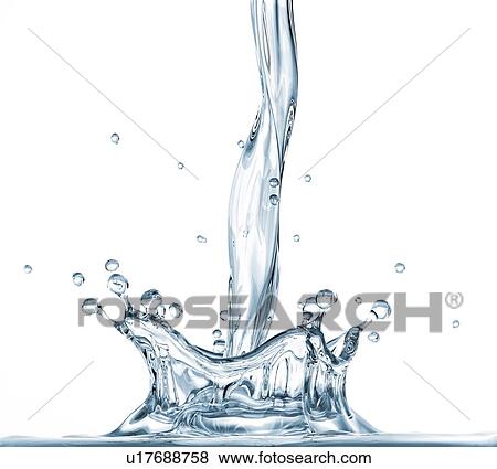 Stock Photo - Pouring water with crown splash. Close up. Side view on white background.. Fotosearch