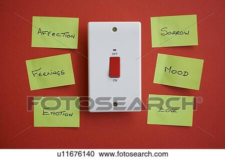 Stock Image - Power switch with emotions and feelings on post its. Fotosearch