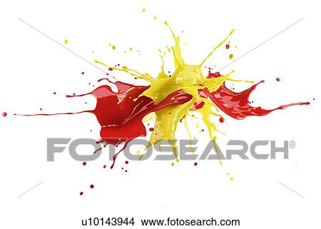 Red and yellow paint splash explosion, splashing against each other. Isolated on white background. View Large Photo Image Picture - Red and yellow paint splash explosion, splashing against each other. Isolated on white background.. Fotosearch