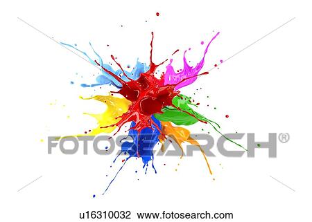 Stock Image - Red, blue, pink, yellow, light blue, orange and green paint splash explosion. Isolated on white background.. Fotosearch