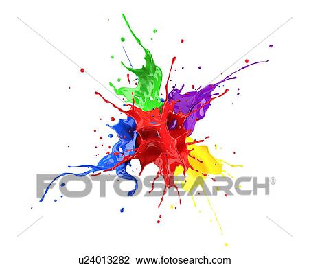 Stock Image - Red, blue, violet, yellow and green paint splash explosion, splashing against one another. Isolated on white.. Fotosearch