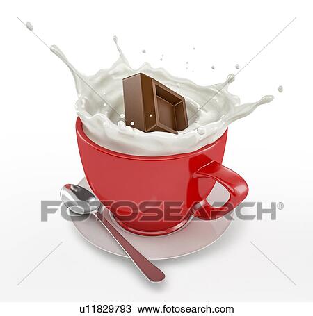 Red cup full of milk with chocolate cube splashing. With saucer and spoon. On white background. View Large Photo Image Stock Image - Red cup full of milk with chocolate cube splashing. With saucer and spoon. On white background.. Fotosearch